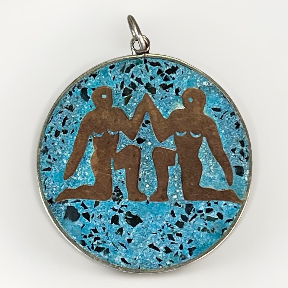 TAXCO Sterling Silver Gemini Zodiac Pendant Blue Mosaic Inlay Mexico 14.2g